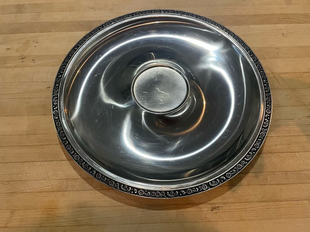 Oneida Custom 18/8 Stainless Steel Round Serving Tray Floral Scroll Border 13".